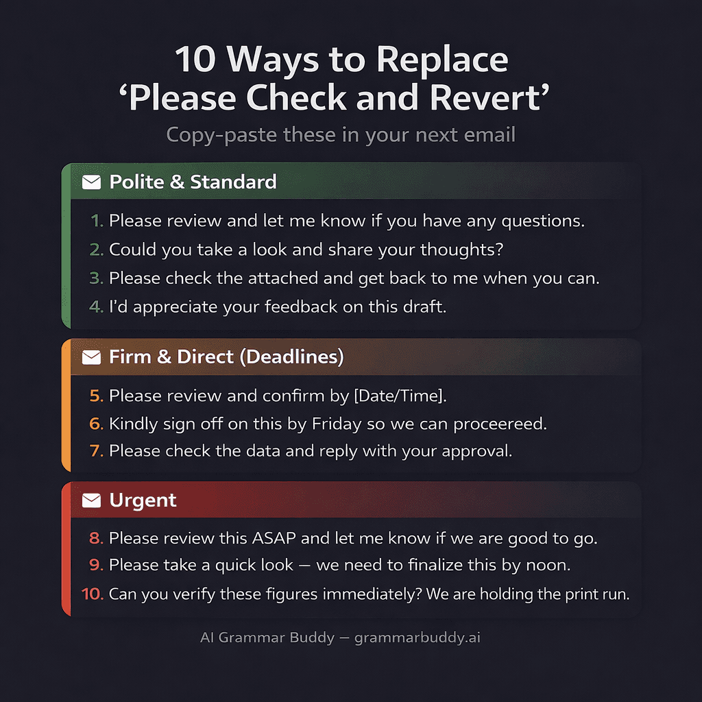 Cheat sheet: 10 alternatives to 'please check and revert' organised by tone — polite, firm, and urgent options
