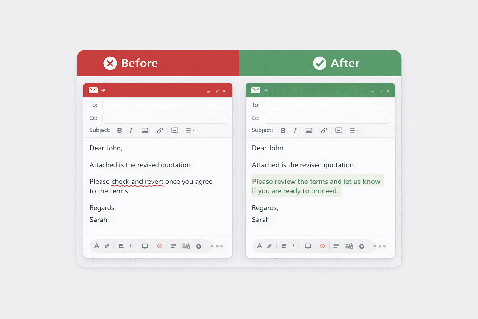 Side-by-side email comparison: before using 'please check and revert' vs after using 'please review and let us know if you are ready to proceed'