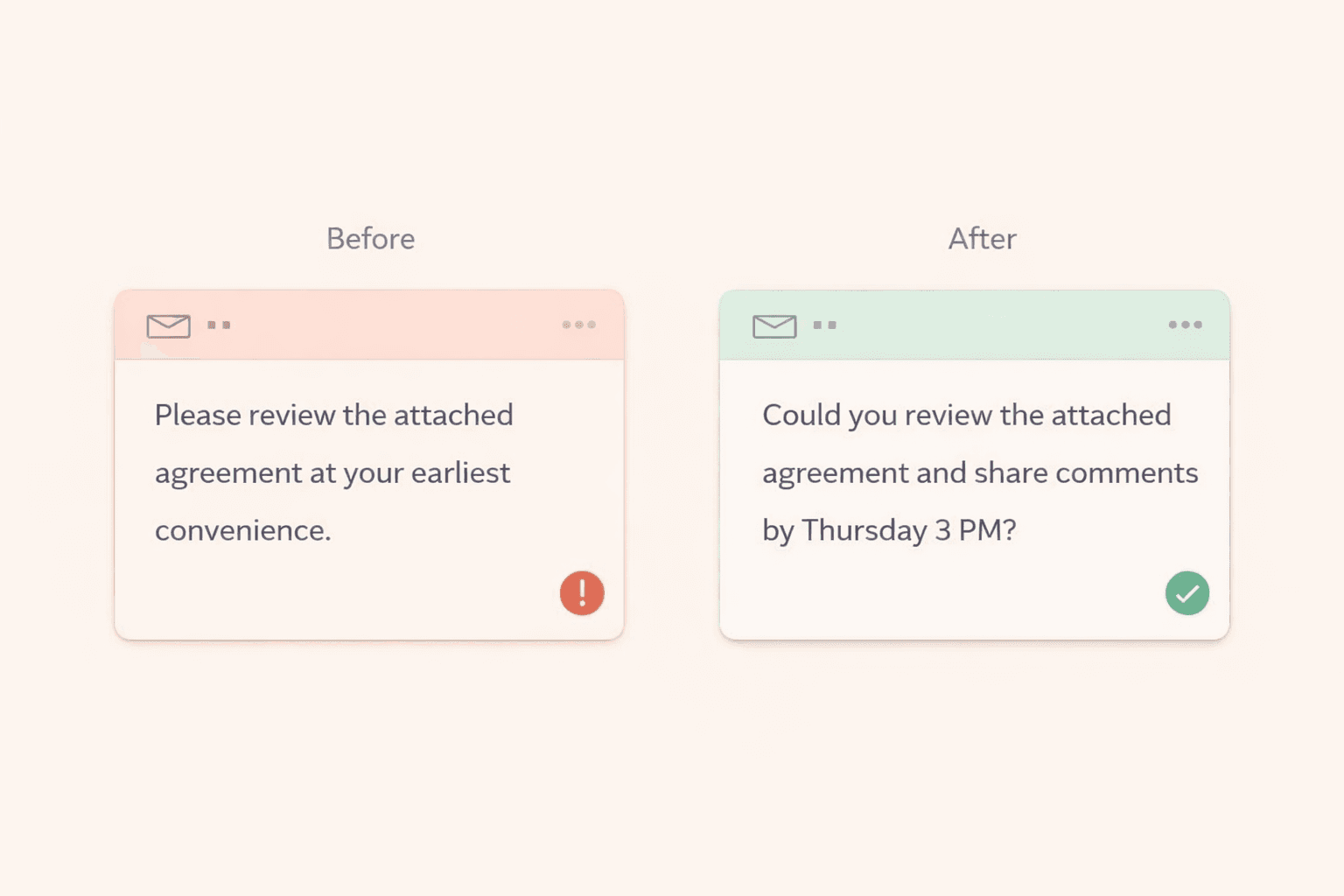Side-by-side email comparison: vague 'at your earliest convenience' request versus a clear deadline rewrite
