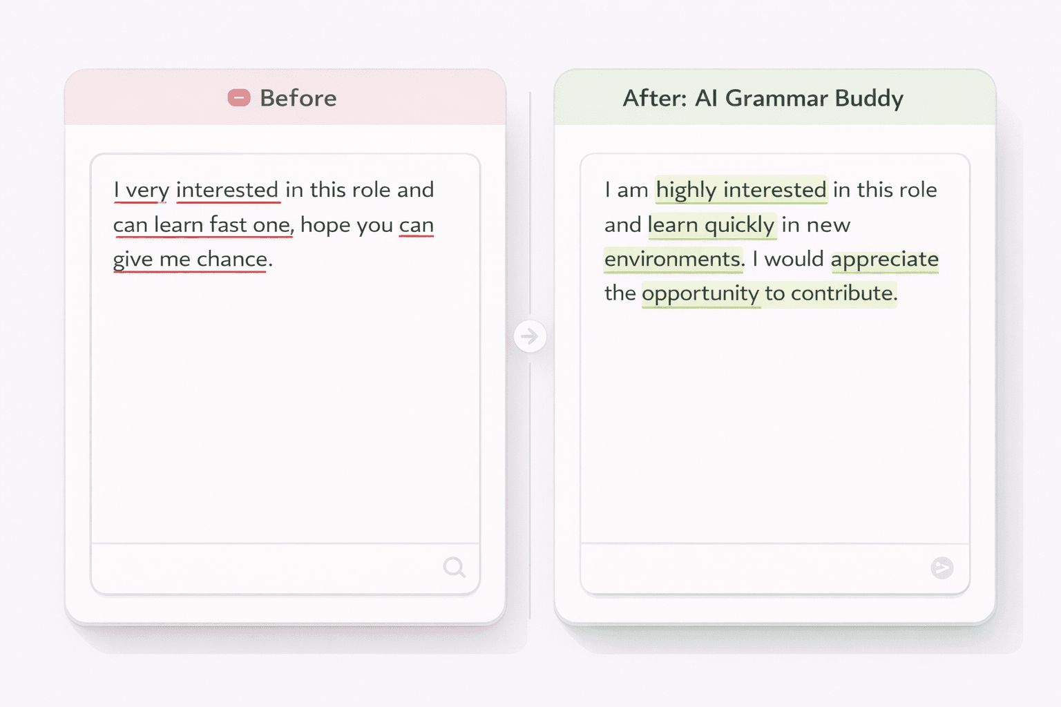 AI Grammar Buddy side-by-side view: Singlish sentence before and after professional correction