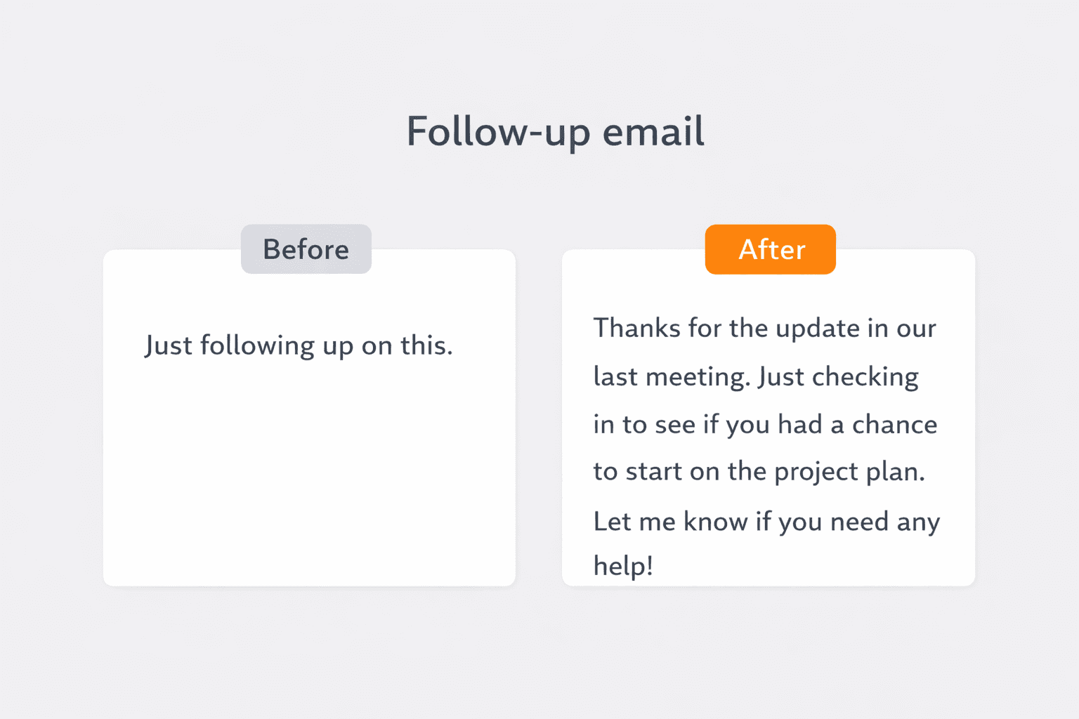 Before-and-after follow-up email rewrite showing a pushy check-in rewritten into a calm professional follow-up