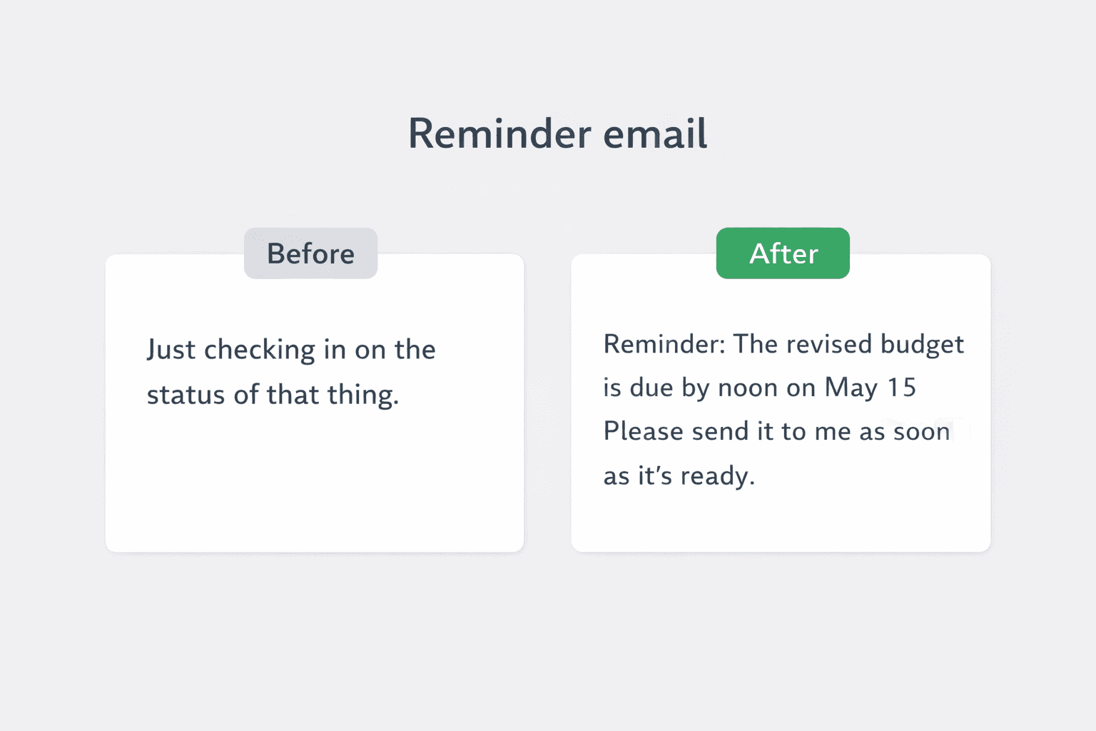 Before-and-after reminder email rewrite showing a blunt payment reminder rewritten into a clearer professional note