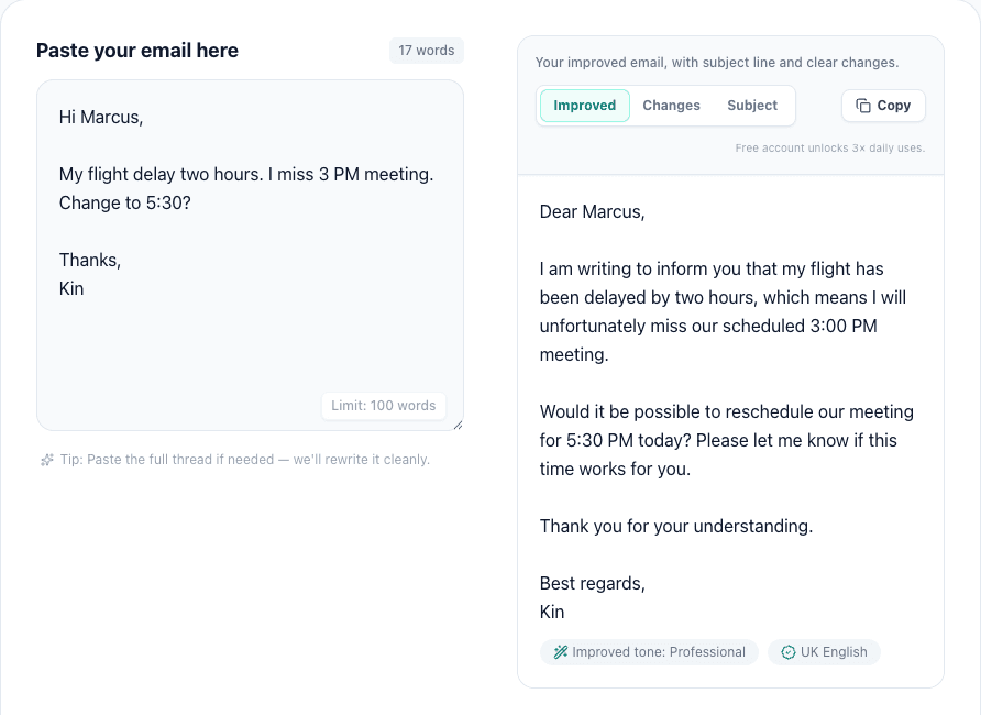 Real AI Grammar Buddy Email Improver screen rewriting an incomplete flight delay email into a professional rescheduling message