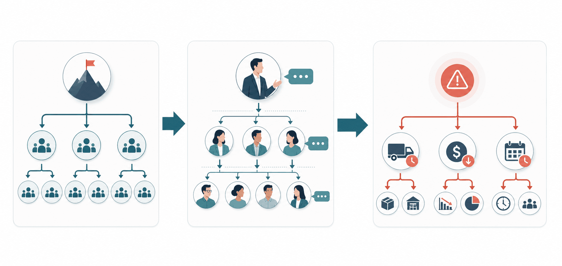 Three-panel visual comparing cascading goals, cascading communication, and cascade effects in business