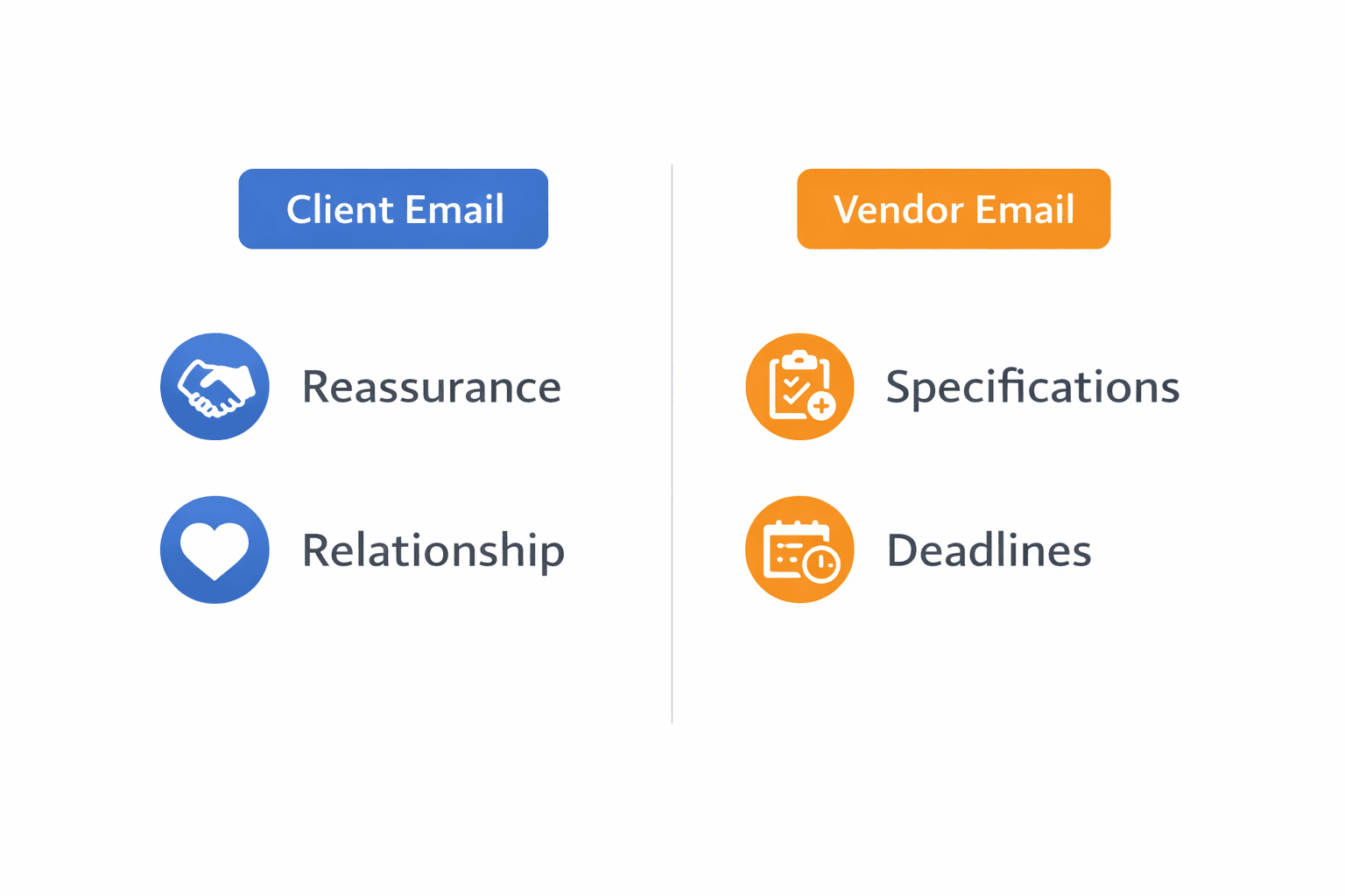 Comparison between client emails focused on reassurance and vendor emails focused on specifications