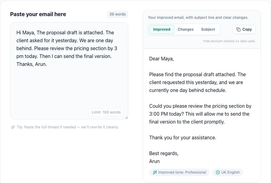 Actual Email Improver interface showing the fictional input beside the returned rewrite, with Professional tone and UK English badges