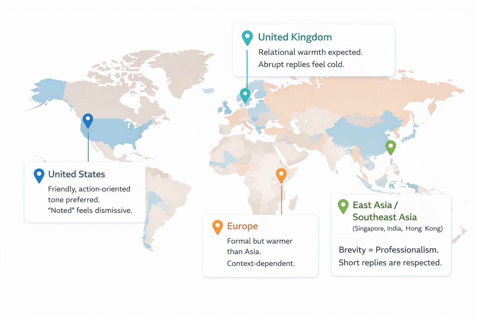 World map showing email tone expectations across Asia, UK, and US business cultures for professional communication