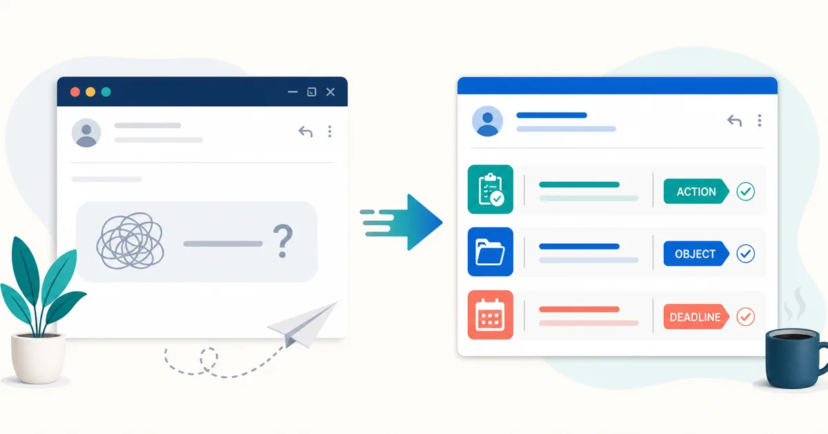 Vague workplace email transformed into a clear request with an action, object, and deadline