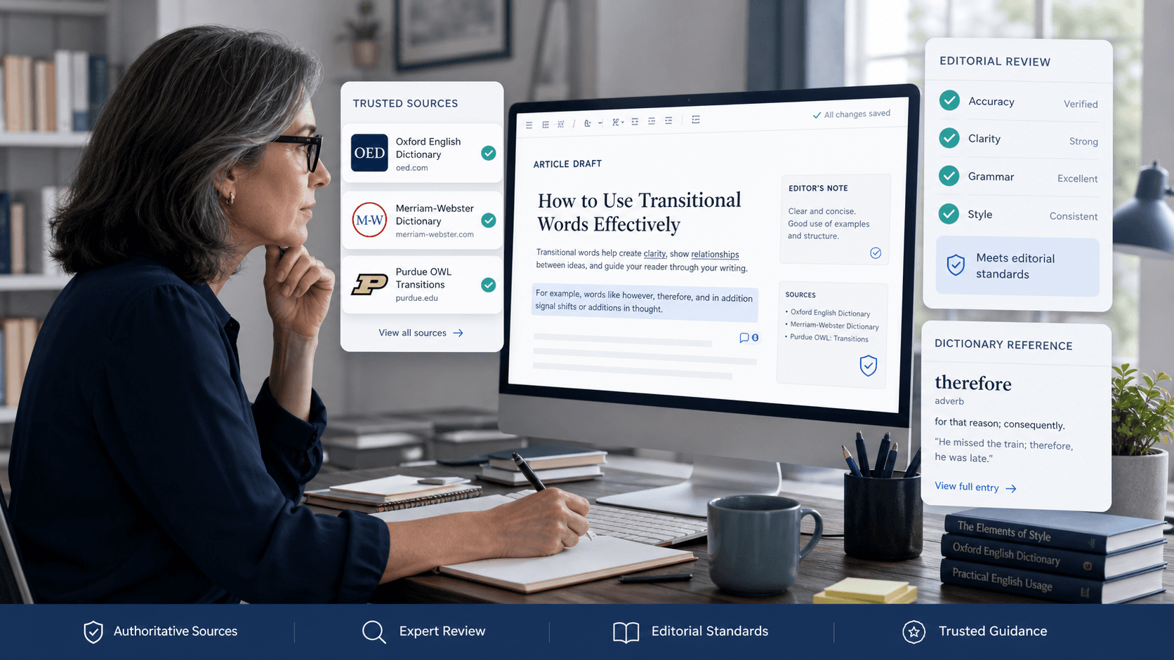 Authoritativeness-focused image showing editorial review, trusted sources, and dictionary-backed language guidance