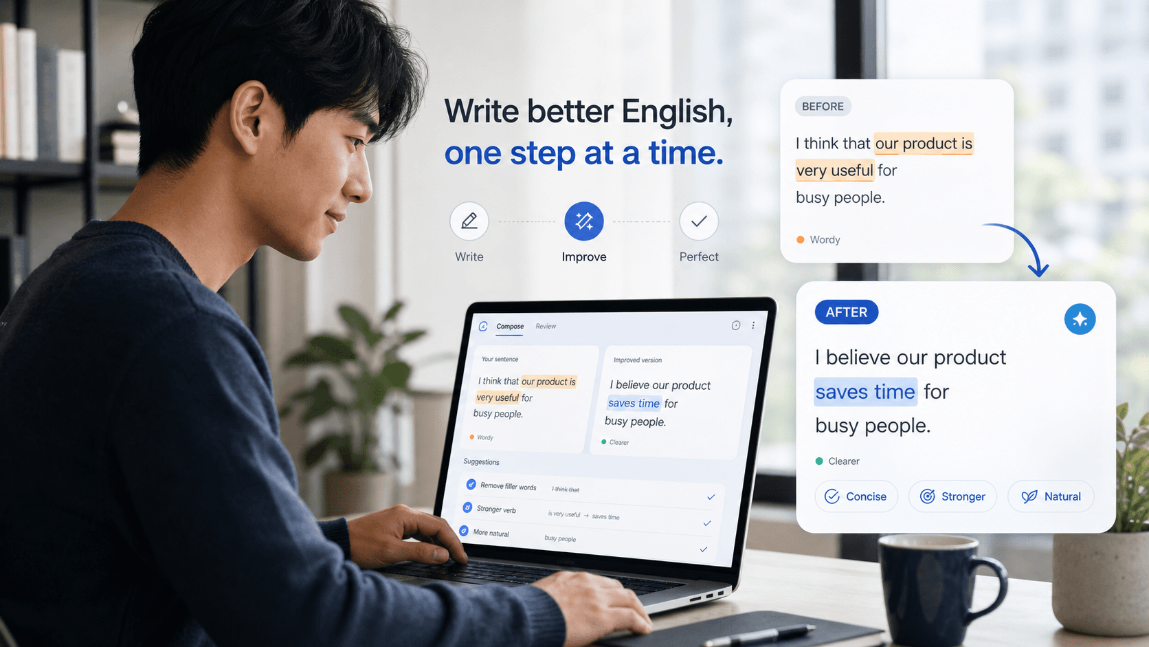Experience-focused image showing a learner improving English phrasing with AI assistance