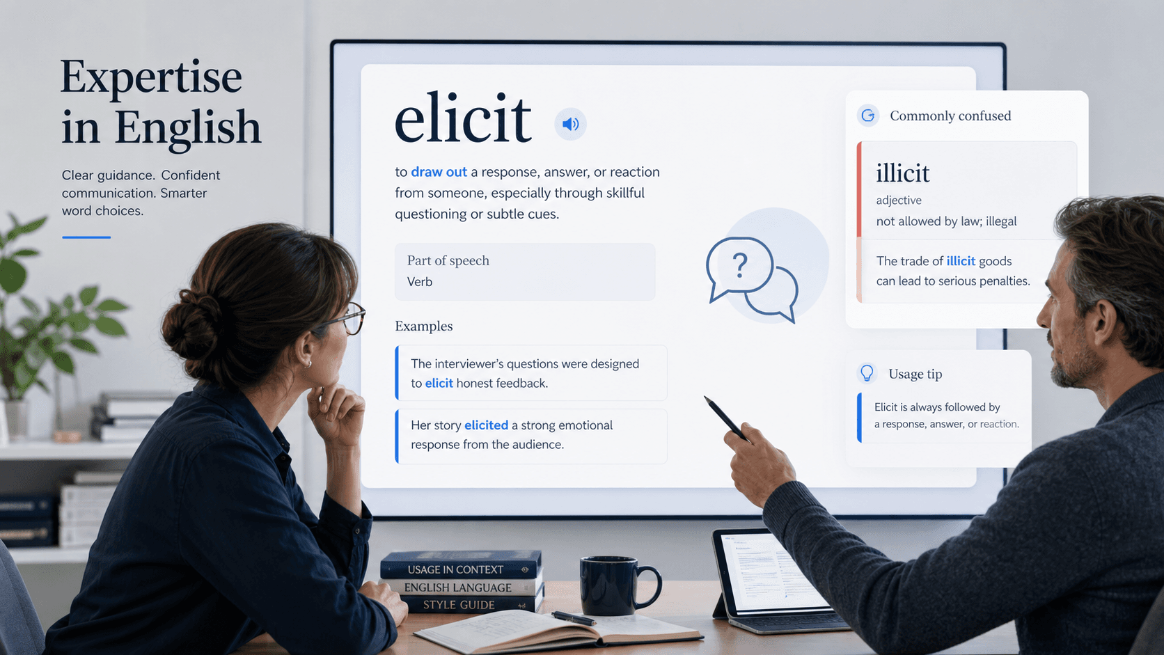 Expert-led visual guide explaining the meaning of elicit and the difference from illicit
