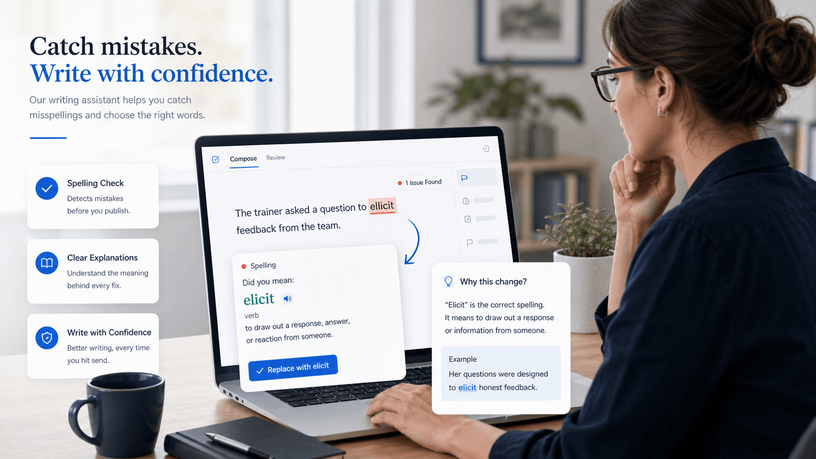 Product UI image showing AI Grammar Buddy catching the misspelling ellicit and suggesting elicit