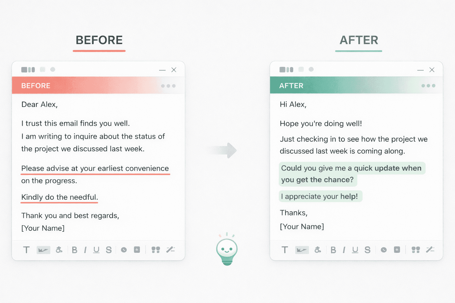 Before and after comparison of a stiff follow-up email rewritten into clear professional English using AI Grammar Buddy