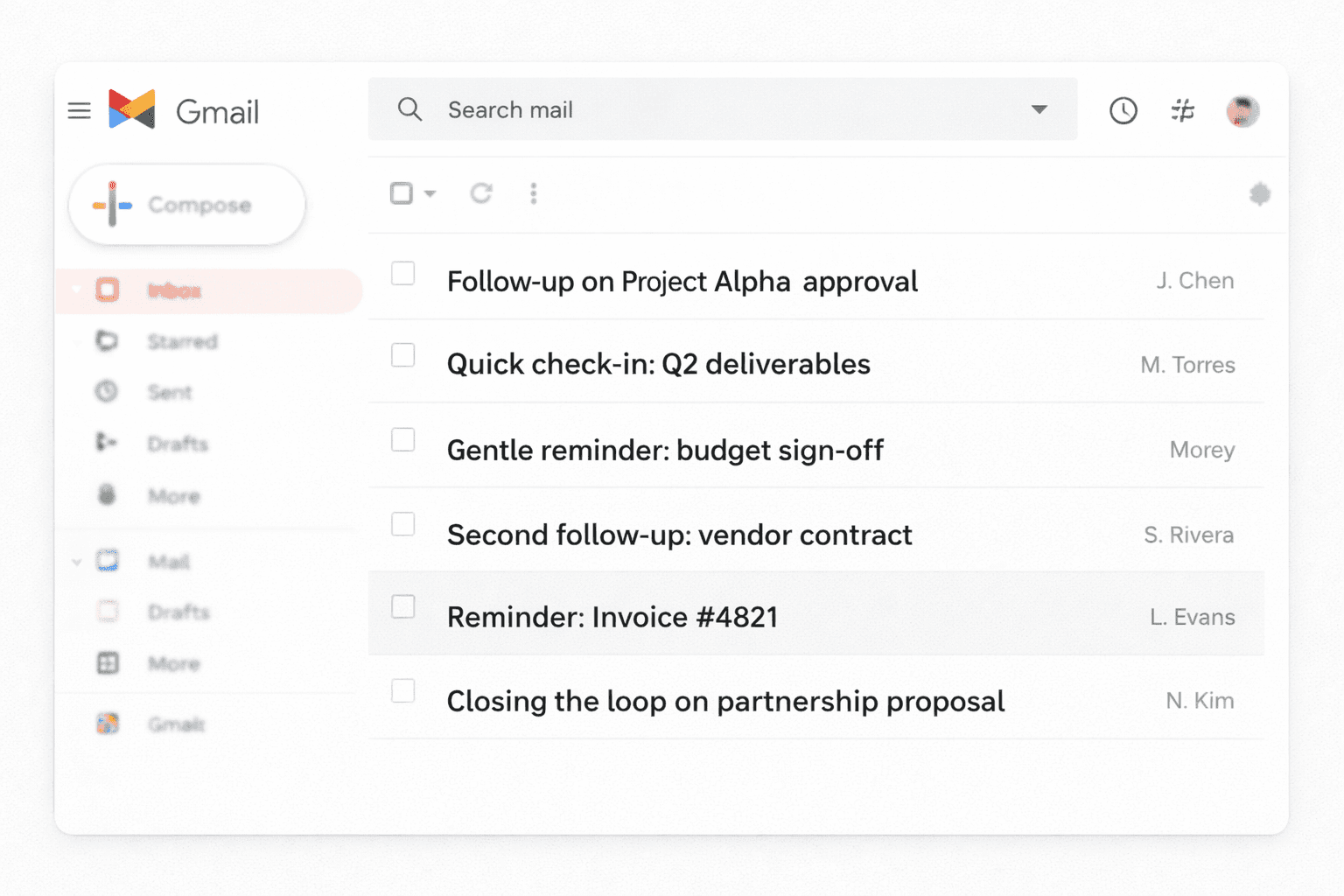 Gmail inbox mockup showing professional follow-up email subject lines as they appear to recipients