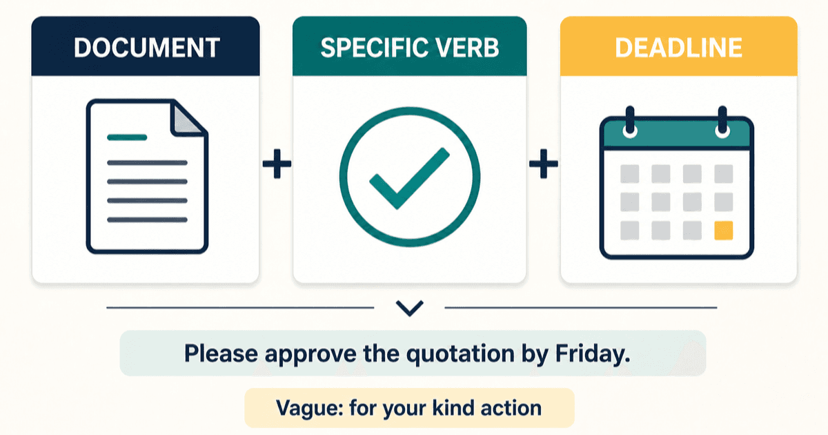Three-part email clarity formula showing a document, a specific verb, and a deadline