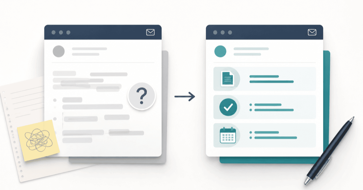 Before-and-after visual showing a vague email becoming a structured request with a document, action, and deadline
