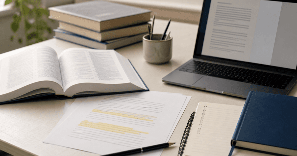 Editorial desk with a dictionary, workplace document, and action checklist used to review email wording