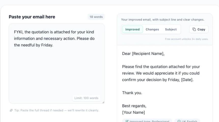 Actual AI Grammar Buddy Email Improver test changing an FYKI necessary action email into a specific review request due Friday