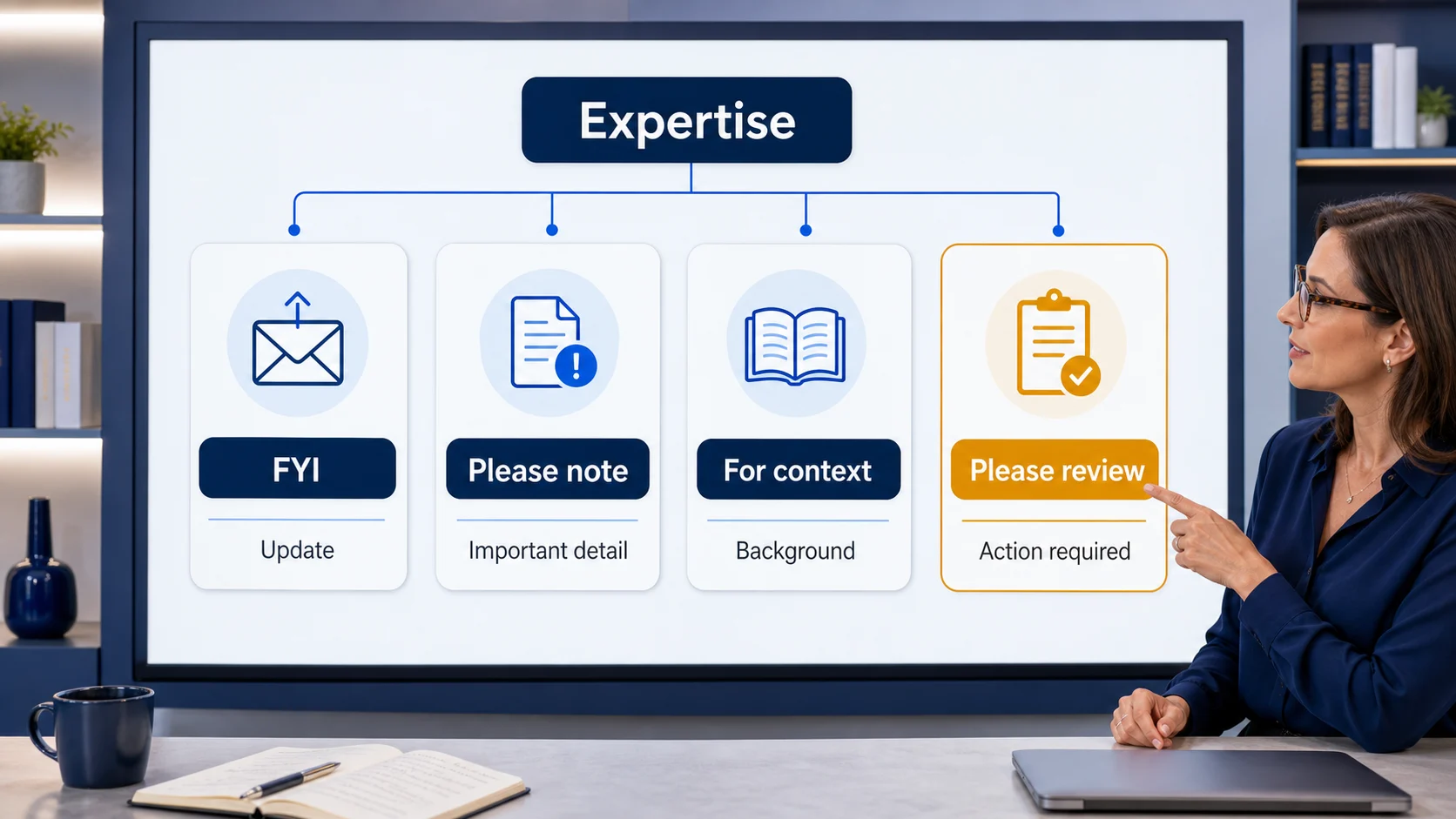 Expert decision guide matching FYI, please note, for context, and please review to their correct email purposes