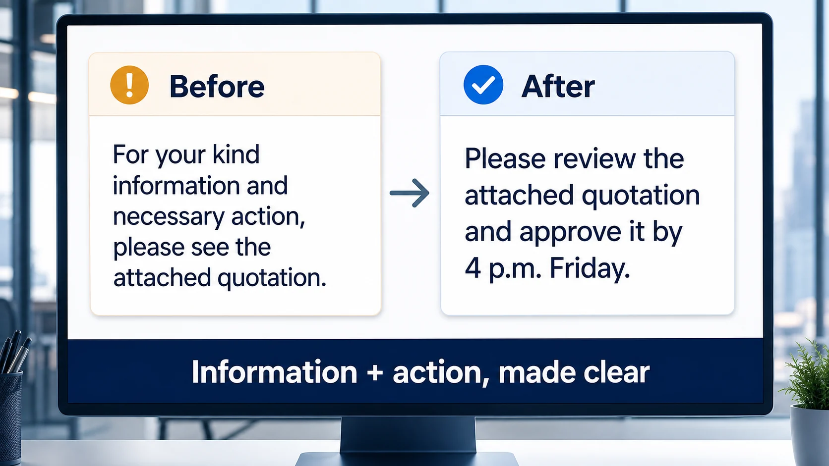 Before and after email rewriting for your kind information and necessary action as a specific quotation approval request due Friday at 4 p.m.