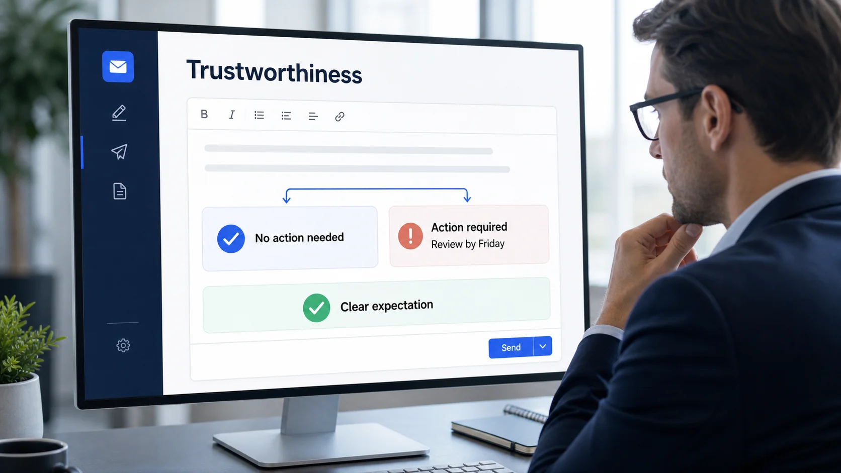 Email interface distinguishing no action needed from action required with a Friday review deadline