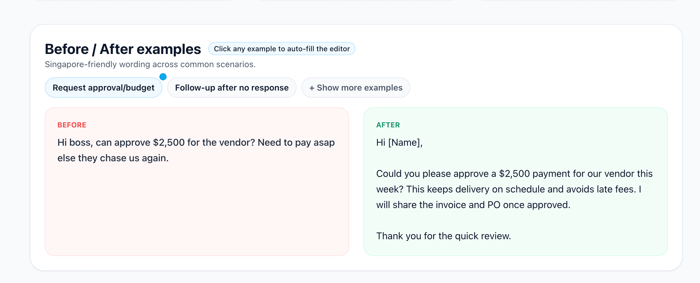 AI Grammar Buddy Email Improver UI — highlighting defensive phrases in a professional apology email draft