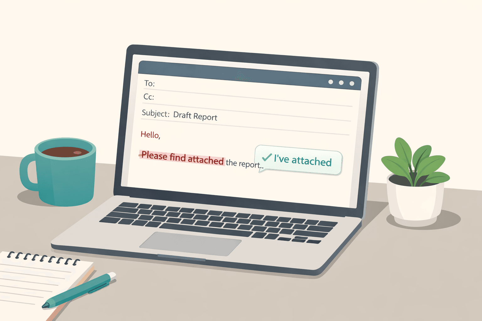 Professional email writer replacing "please find attached" with a modern alternative