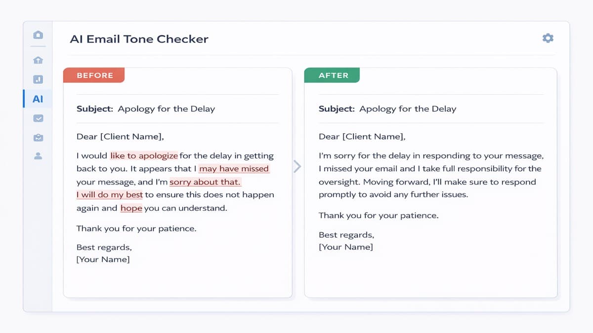 AI Grammar Buddy email tone checker highlighting passive voice and defensive phrasing
