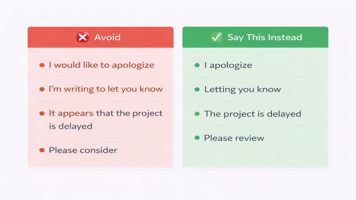 Common phrases to avoid in professional apology emails vs what to say instead