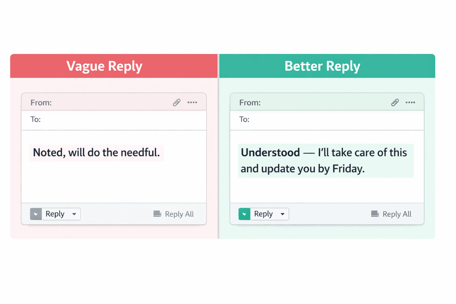 A side-by-side comparison between a vague reply using do the needful and a clearer, more professional email reply.
