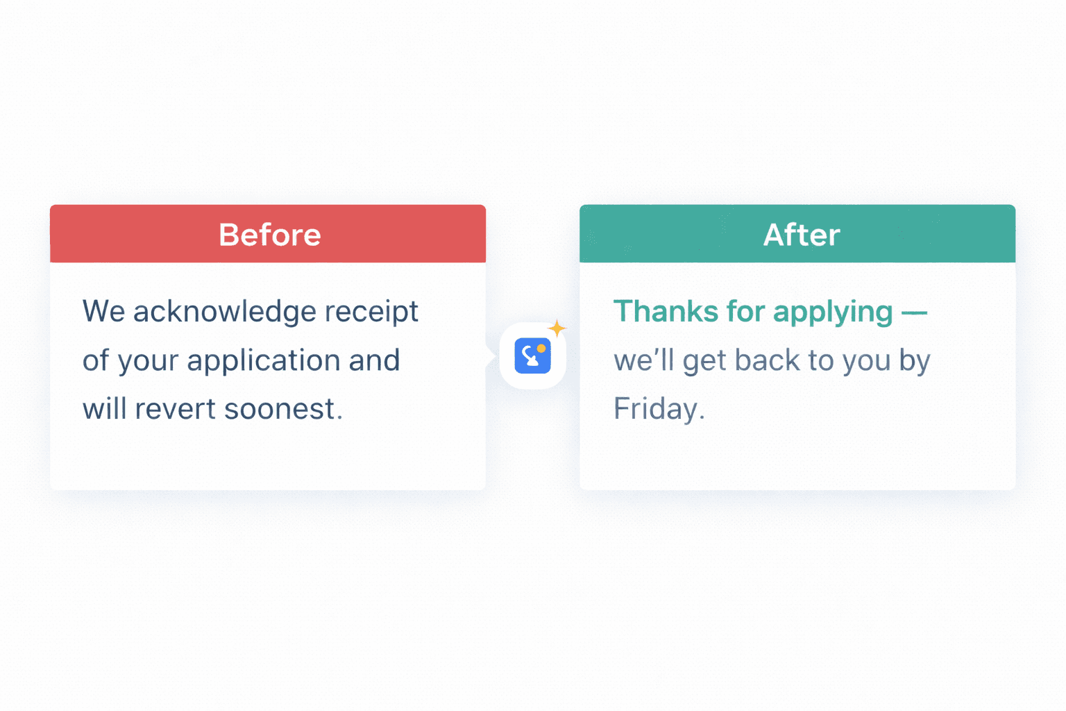 Before and after comparison of a stiff HR email rewritten by AI Grammar Buddy Email Improver