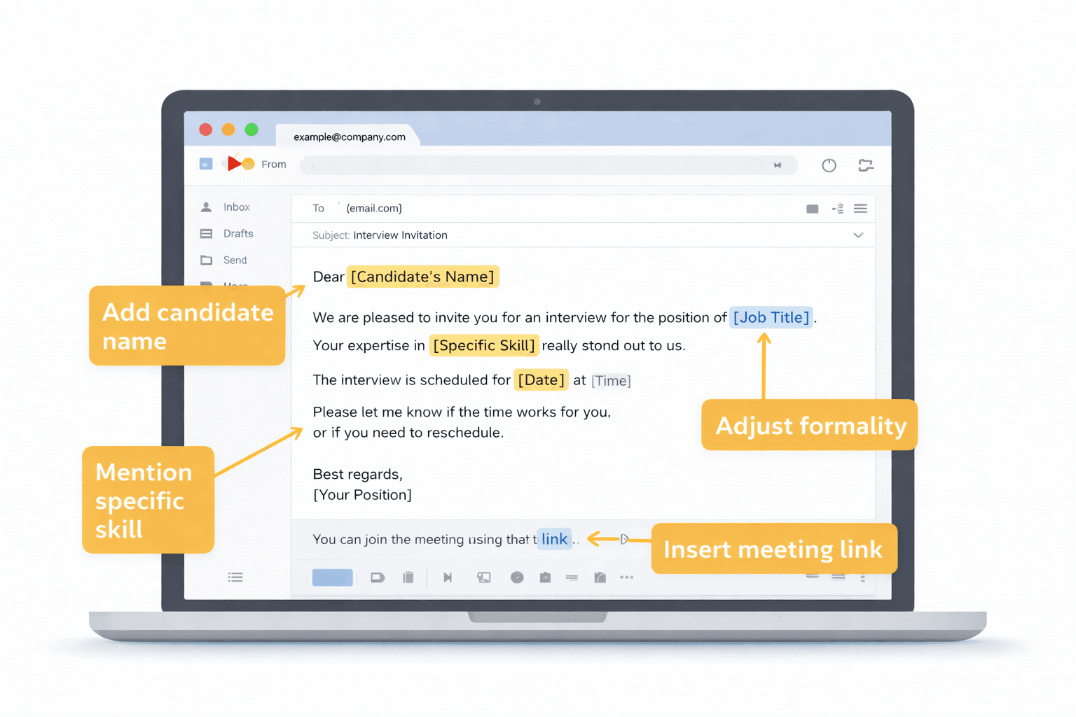 Email template personalization tips with annotation arrows showing where to add candidate name, specific skills, and company voice