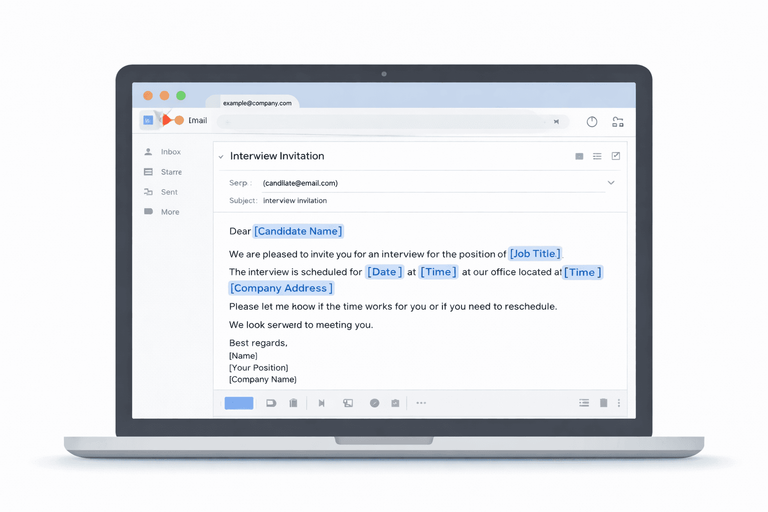 Interview invitation email example shown in a Gmail interface with highlighted placeholder fields