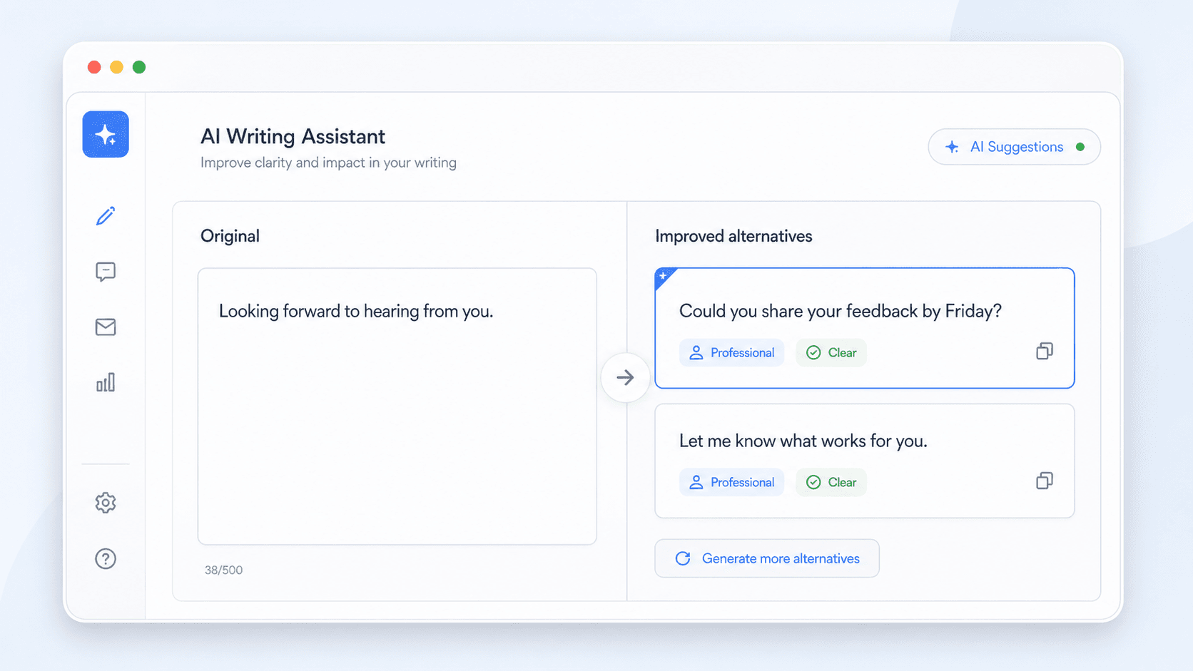 AI writing assistant interface rewriting a vague closing into clear professional alternatives