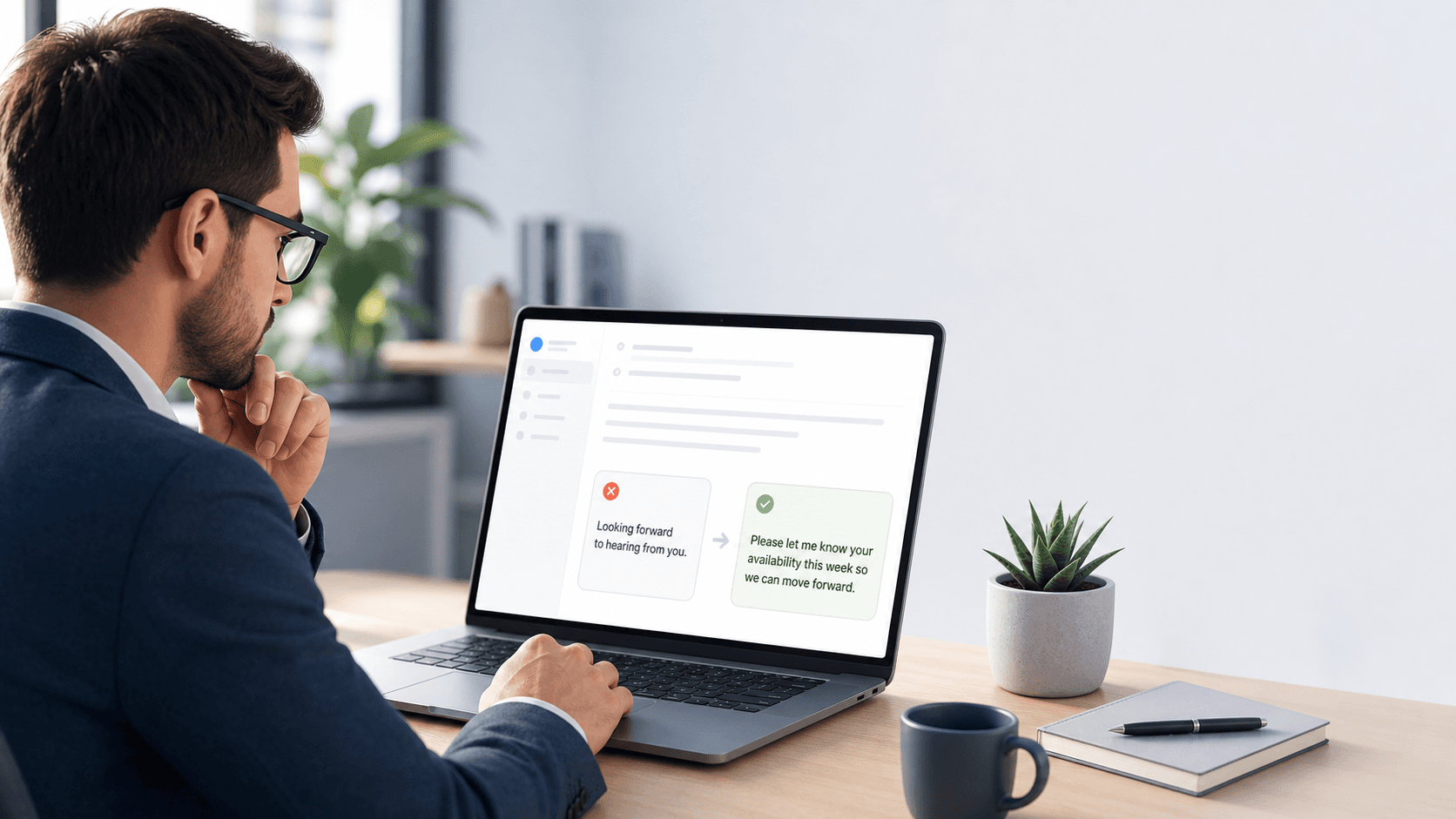 Email writer replacing 'looking forward to hearing from you' with a clearer professional email closing
