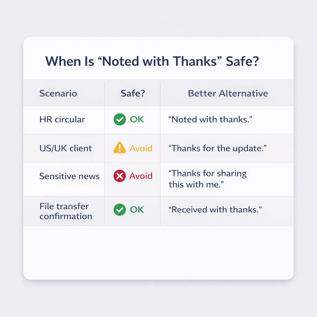 Decision framework card — flowchart showing when to use "noted with thanks" versus when to replace it based on recipient location and email context
