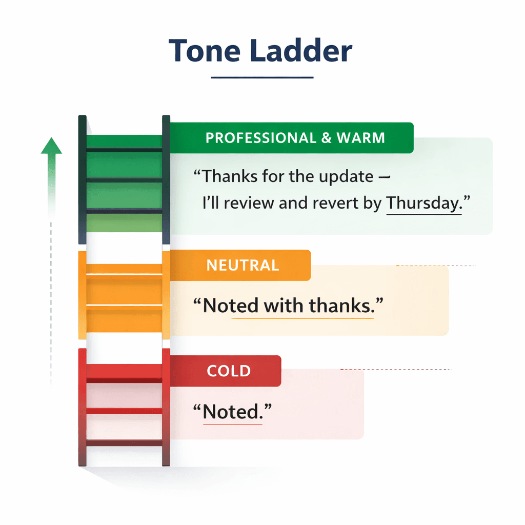 Tone ladder infographic — green for internal Asia team and routine admin, amber for Western colleague updates, red for bad news, conflict, and senior client feedback
