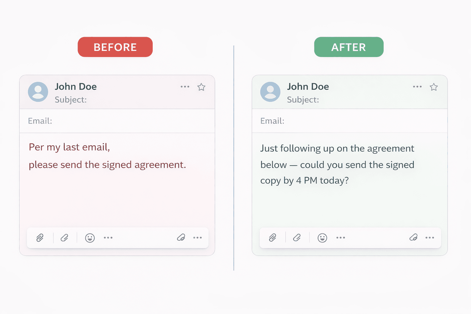 Before and after - rewriting per my last email into a professional follow-up