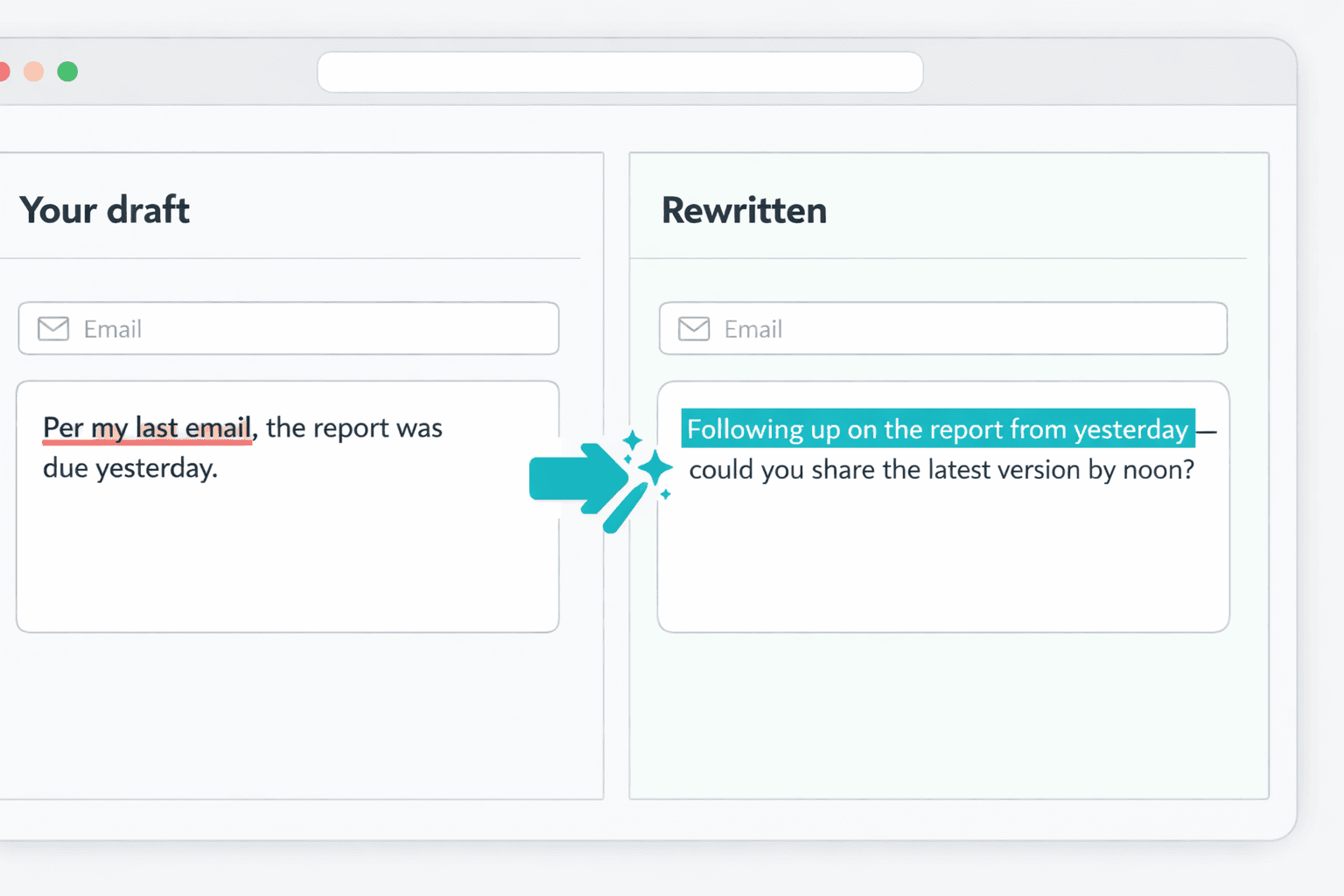 AI Grammar Buddy Email Improver rewriting per my last email phrasing