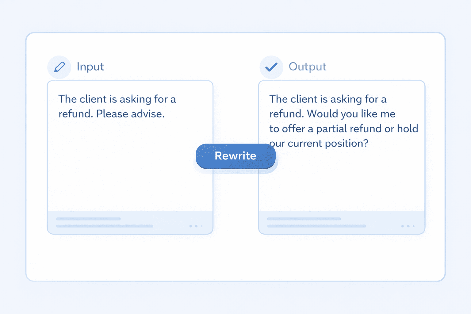 AI Grammar Buddy Email Improver interface rewriting 'Please advise' into a specific professional request