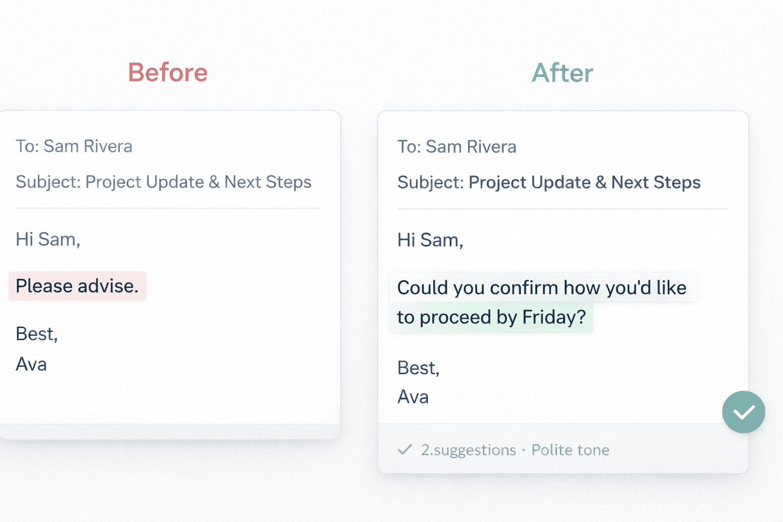 comparison between vague request please advise and clearer professional email phrases