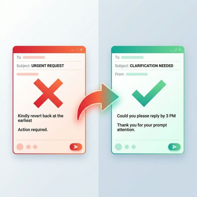 Visual guide showing when 'please check and revert' is acceptable — OK for internal Singapore teams, avoid for international clients