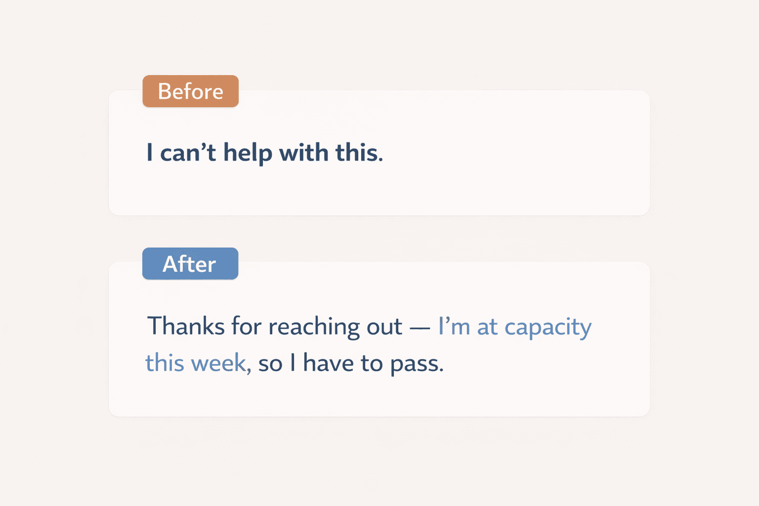 Before-and-after email example showing a blunt refusal rewritten into a clearer and more professional response