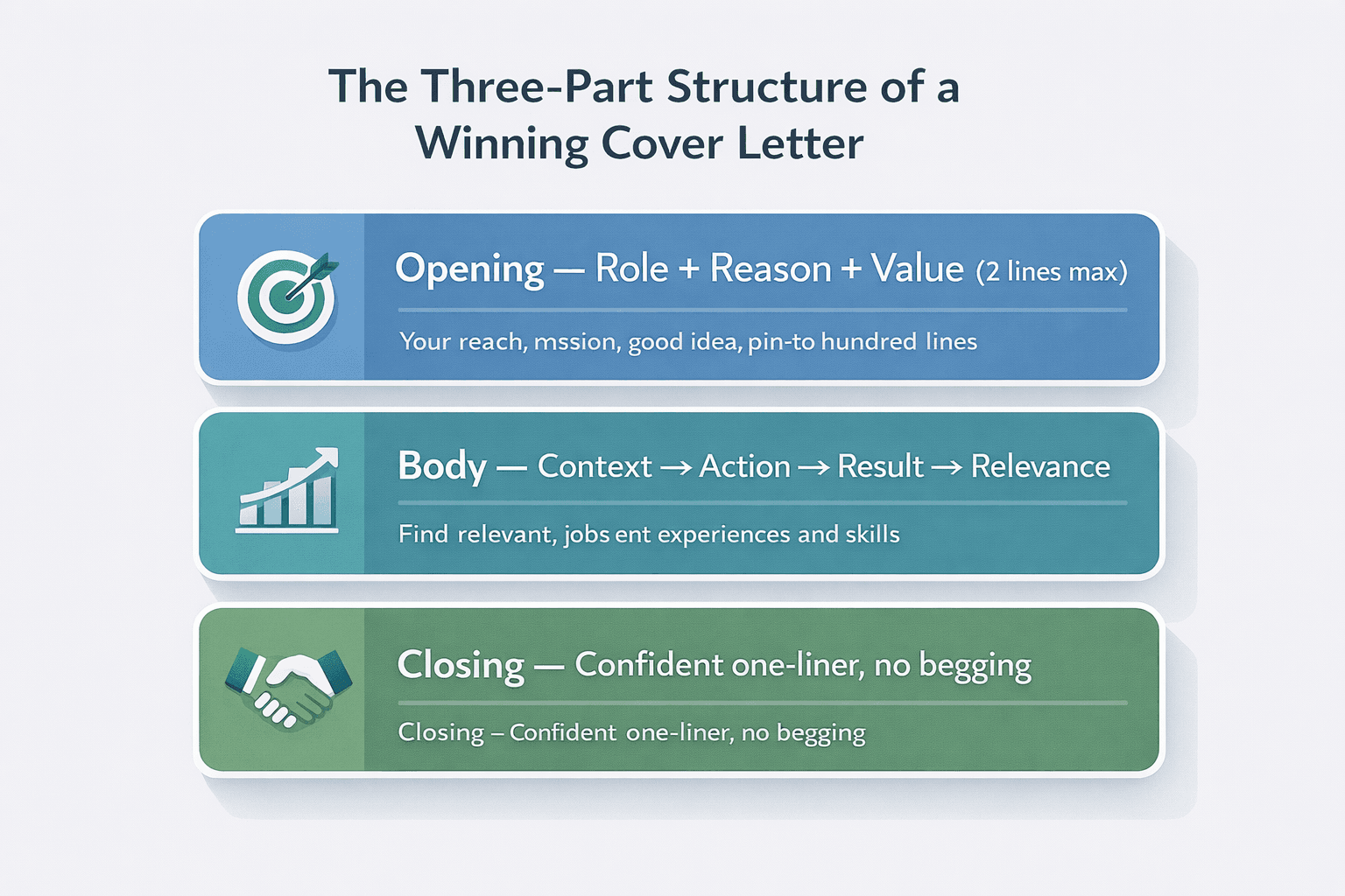 Three-part cover letter structure diagram: Opening, Body, and Closing sections color-coded