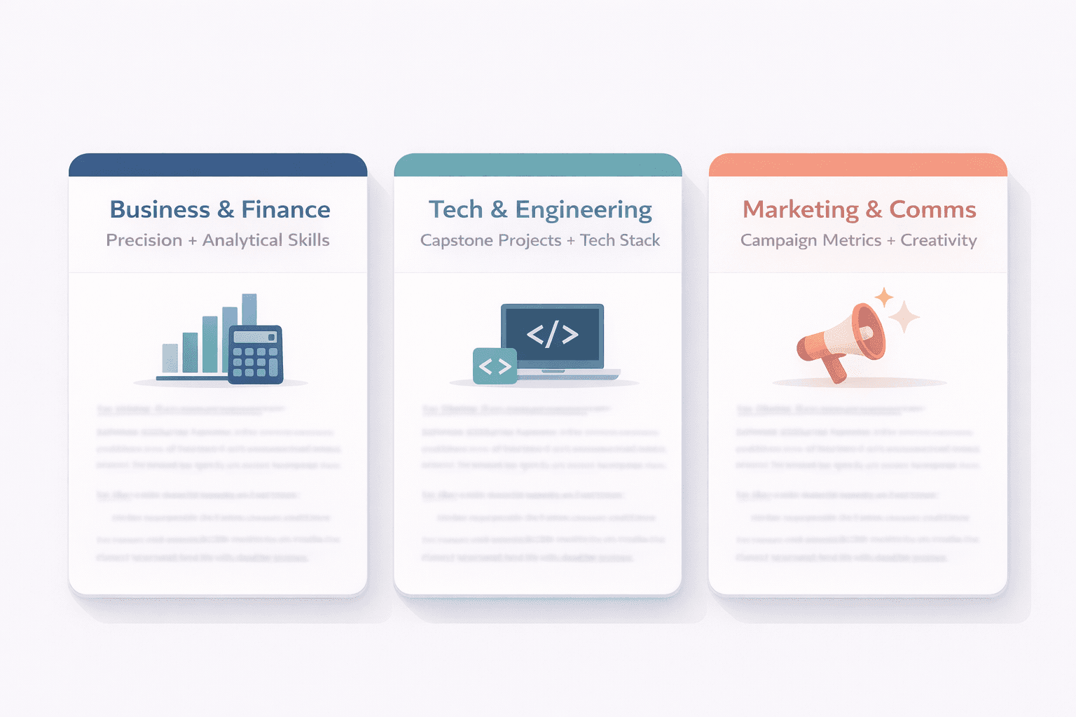 Three cover letter template cards for Singapore fresh graduates: Business and Finance, Tech and Engineering, and Marketing and Communications