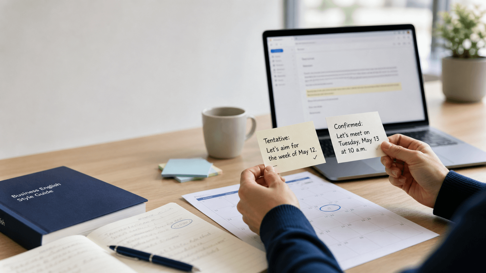 Editorial workspace with a business English editor comparing tentative and confirmed workplace email wording beside a calendar