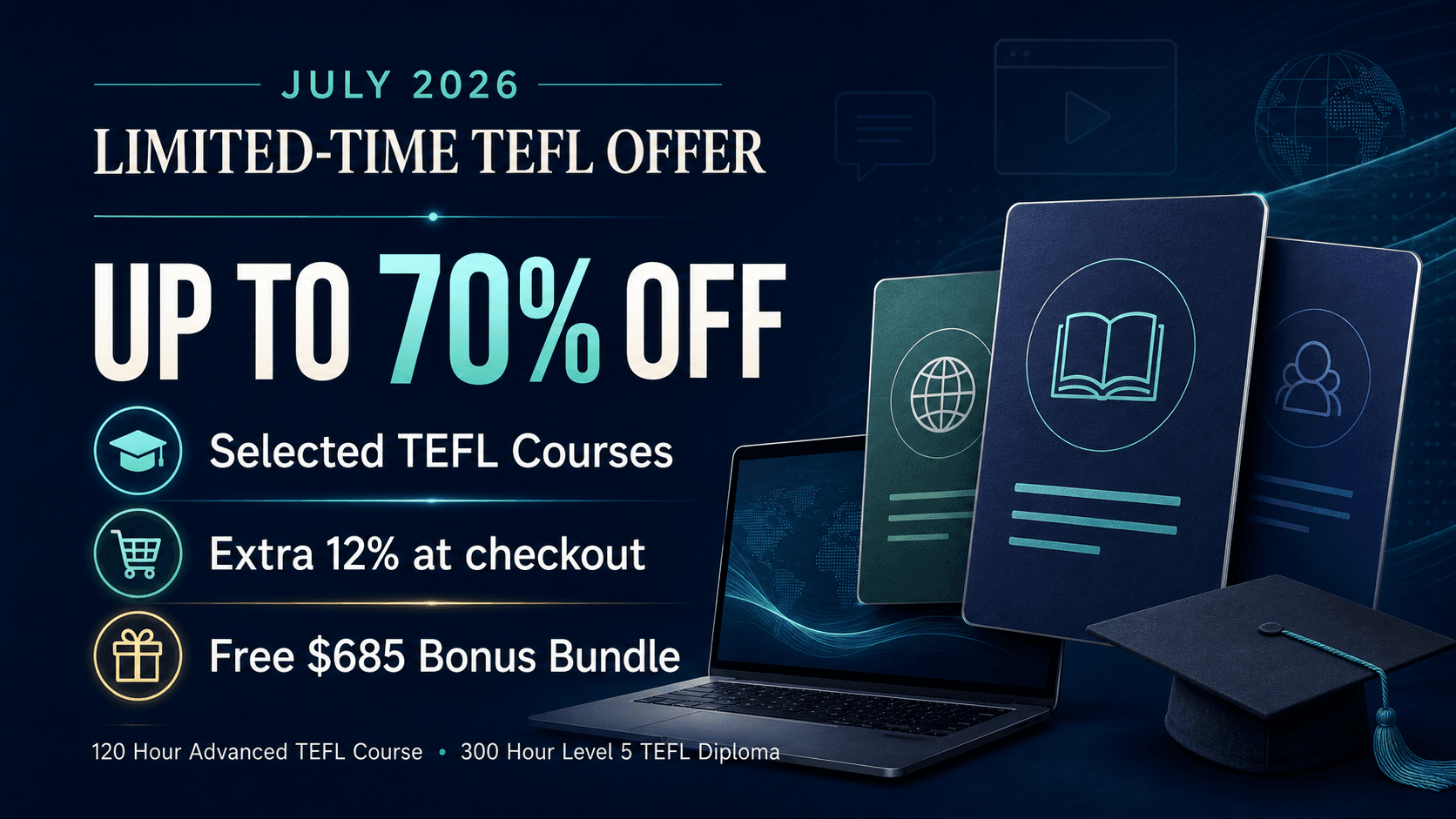 July 2026 limited-time TEFL promotion showing up to 70% off selected courses, extra 12% at checkout, and a free $685 Bonus Bundle