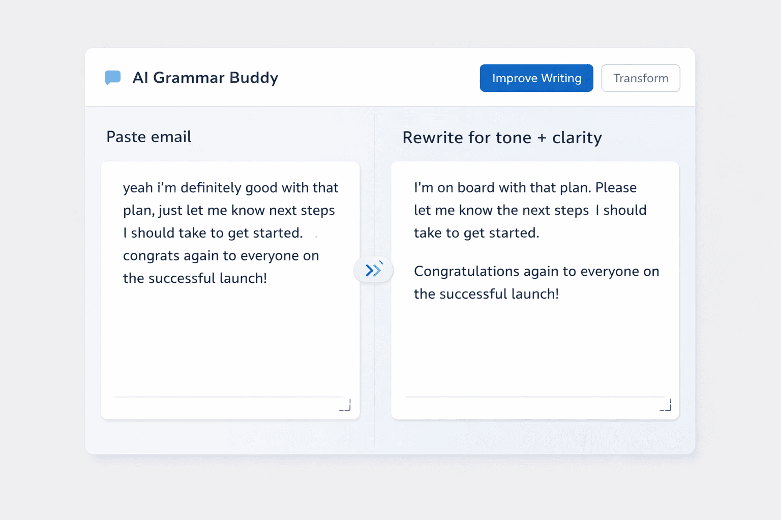 AI Grammar Buddy email improver UI mockup showing a workplace draft being tightened for tone and clarity