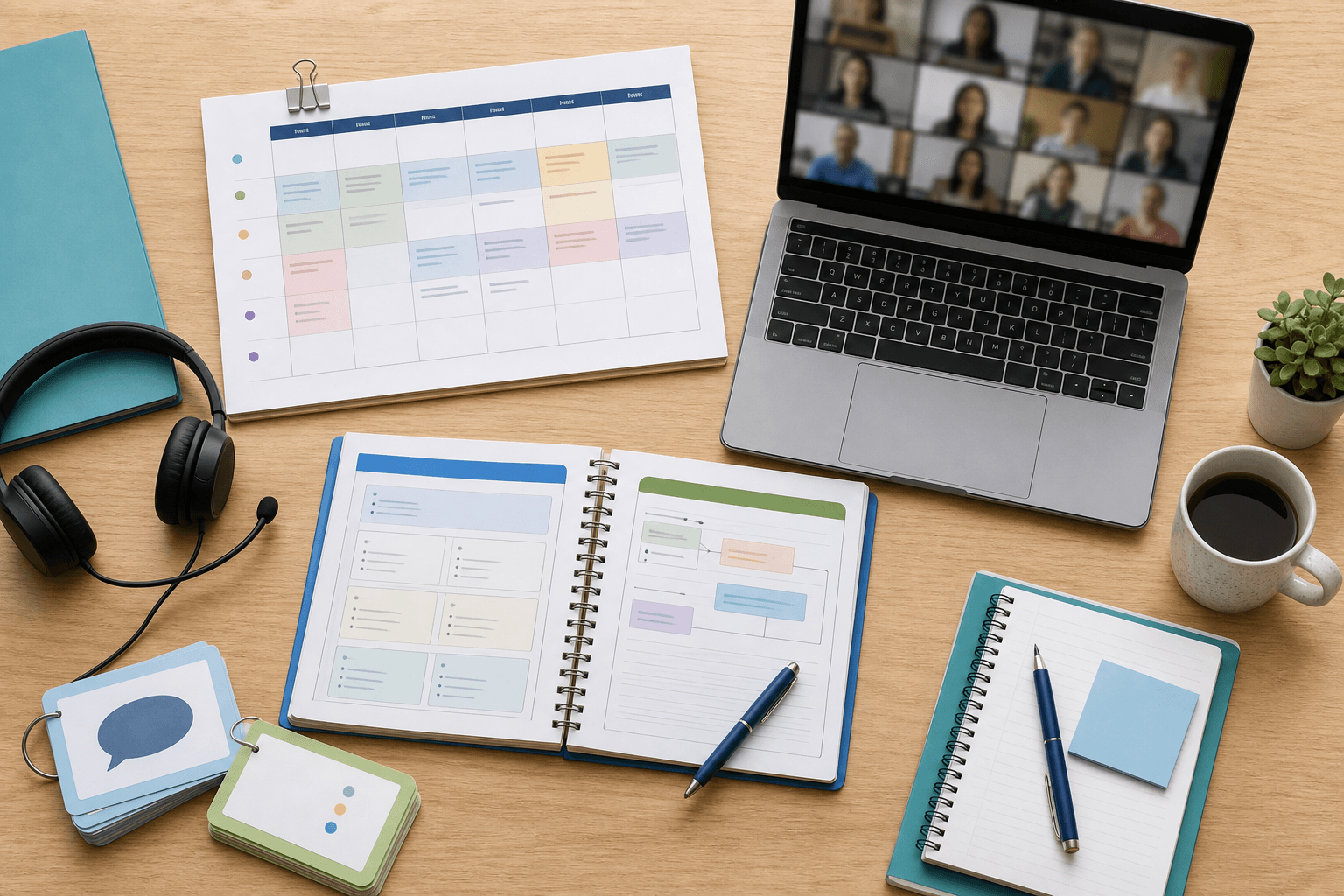 Teacher-training study desk with a lesson plan, grammar-learning materials, headset, and online classroom