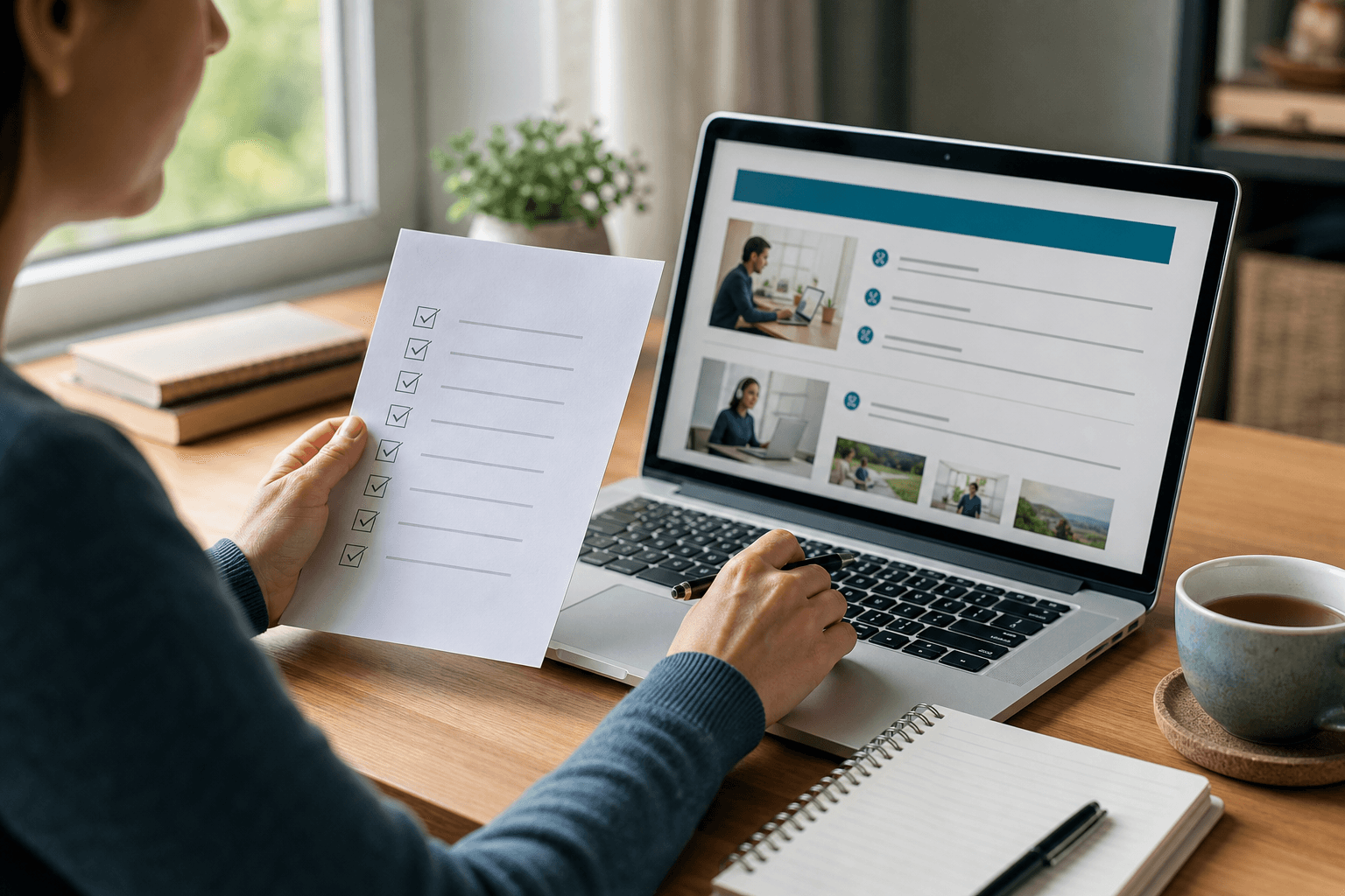 Learner reviewing a checklist beside online course information on a laptop before choosing a TEFL course